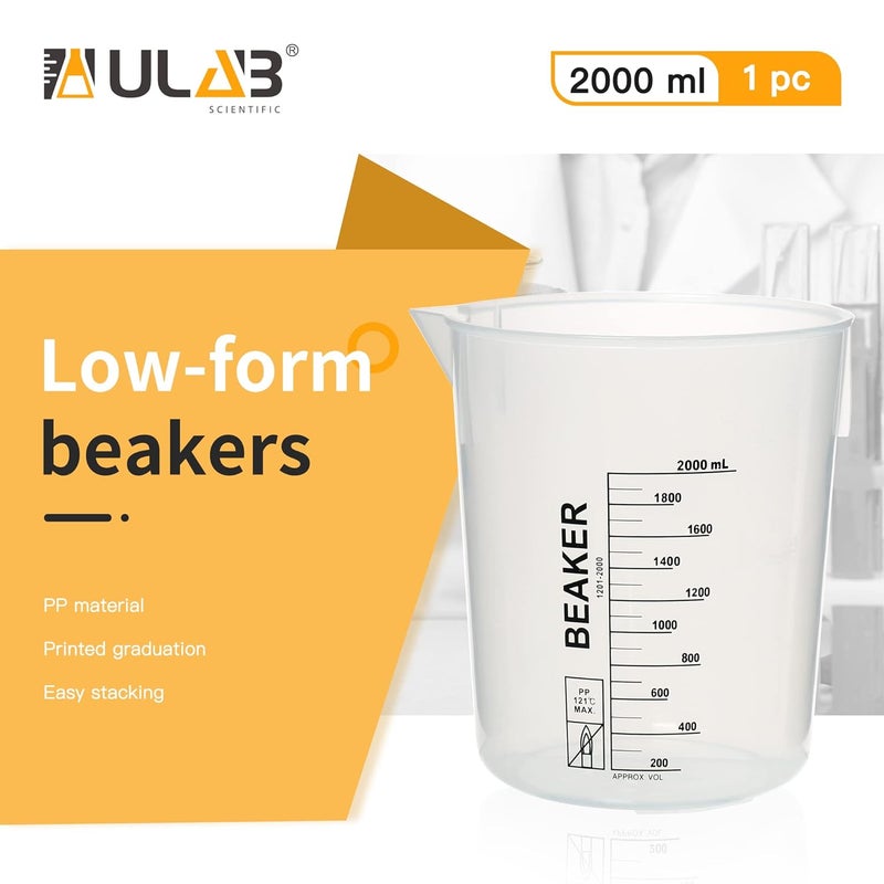 ULAB Scientific Stackable Graduated Plastic Beakers, Vol.2000ml(68oz), with Easy-to-Read Printings in Black, UBP1015 - Image 2